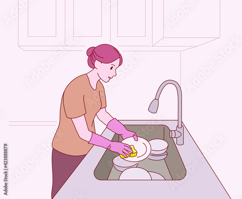 A woman is washing the dishes. hand drawn style vector design illustrations. 