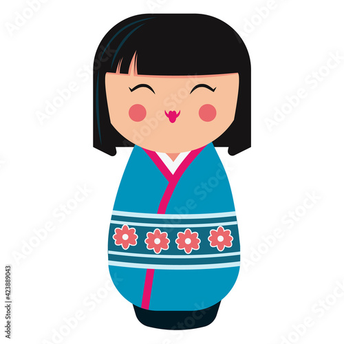 Cute japanese kokeshi doll character. Cartoon vector illustration