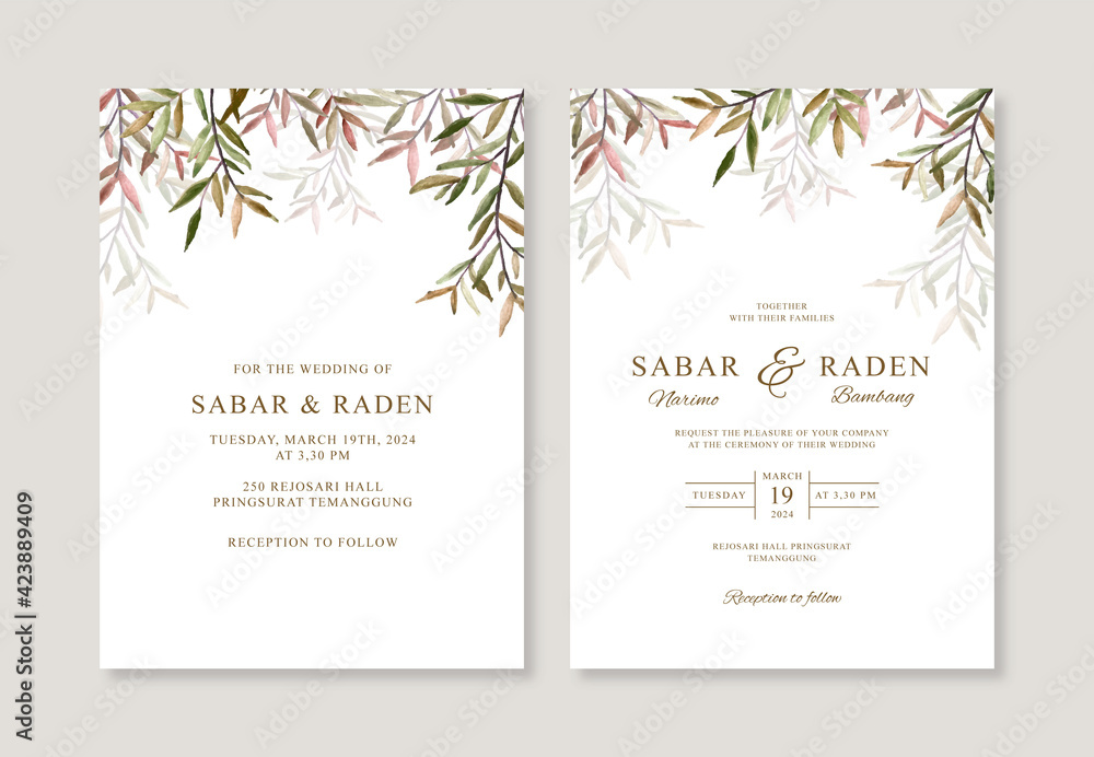 Wedding card invitation template with watercolor foliage