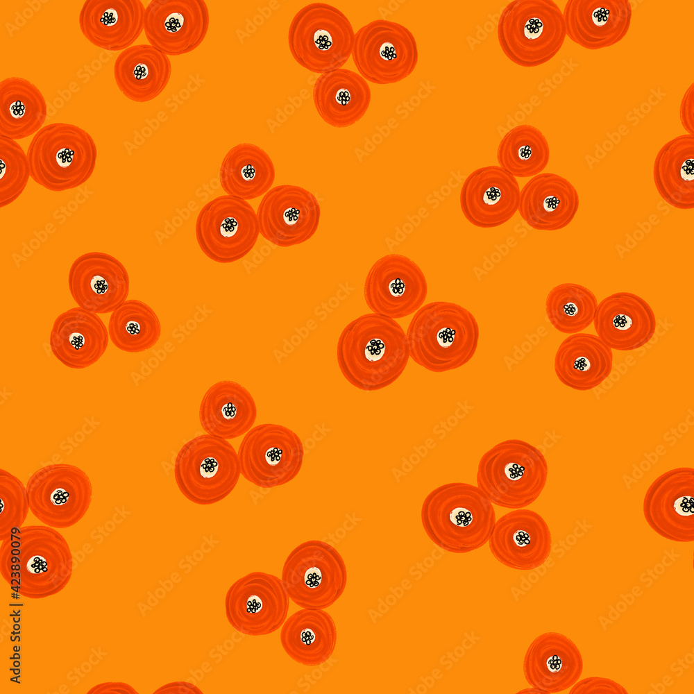 Abstract painted red flowers seamless background. Floral repeating pattern orange. Ditsy print. Seamless texture. Surface pattern design for textile, fashion, fabric, wallpaper, summer spring. Abstract painted red flowers seamless background. Floral repeating pattern orange. Ditsy print. Seamless texture. Surface pattern design for textile, fashion, fabric, wallpaper, summer spring.