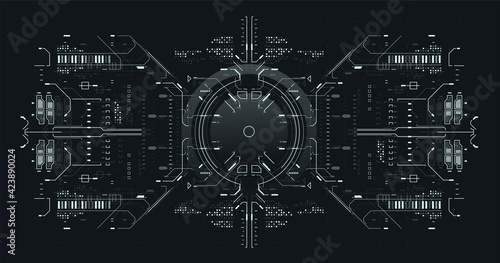 Cyberpunk Sky-fi illustration. Sci-fi concept design. Futuristic abstract technology Template. Cyberspace Virtual reality in HUD style. Head up screens for video and games. Futuristic VR display.