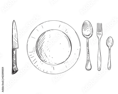 Hand drawn sketch black and white of cutlery, spoon, plate, fork, knife. Vector illustration. Elements in graphic style label, card, sticker, menu, package. Engraved style.