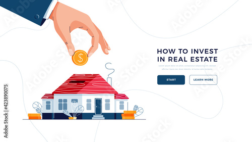 How to invest in real estate landing page template. Investor's hand puts a coin into the piggy bank house. putting up of money to real property, capital investment for web. Flat vector illustration