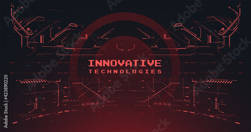 Red Futuristic VR display. Abstract tech Space. HUD interface backdrop. Cyberpunk Sci-fi illustration. Head-up screen for games and apps. High tech frame. Cyberspace Virtual reality in HUD style.