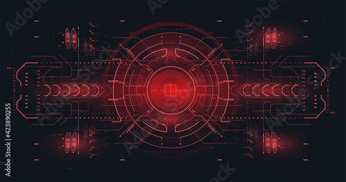 Cyberspace Virtual reality in HUD style. Head-up screen for games and apps. Red Futuristic VR display. Sci-fi concept design. High tech frame. Abstract tech Space. Cyberpunk Sci-fi illustration.