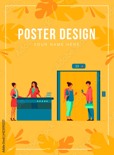 Tourists with luggage waiting at hotel reception desk, walking through lobby to elevator. Receptionists welcoming guests at counter. Vector illustration for hotel business, hospitality, travel concept