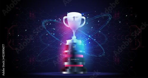 Champions award on futuristic background. Esports victory concept. Abstract design winner cup template with futuristic elements. Trophy cup. Abstract vector 3d trophy.