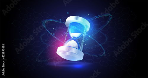 Vector illustration in concept time. Sandglass on dark blue background with futuristic elements. Abstract Futuristic Technology Background. Hourglass. Glowing neon sign.