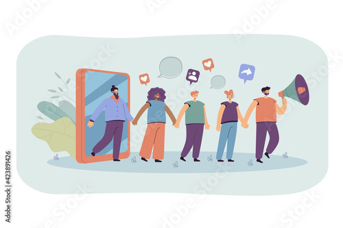 Referral marketing strategy. Man attracting people with megaphone, friend loyalty program flat vector illustration. Teamwork, attracting audience concept for banner, website design or landing web page