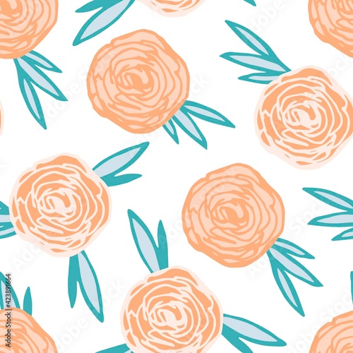 Simple hand-drawn floral vector seamless pattern in pale colors. Delicate powdery peony flower on a white background. For prints of fabric, textile products. Spring summer seasonal design.