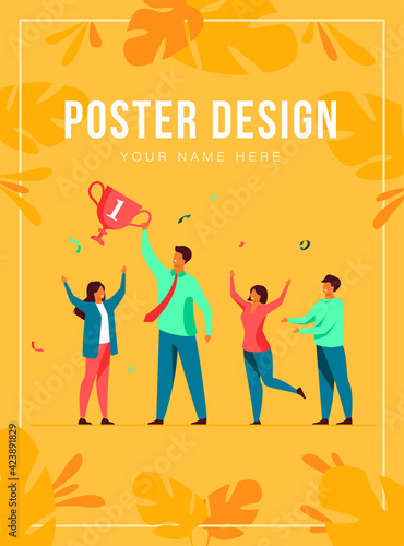 Teamwork and team success concept. Best employees winning cup, celebrating victory. Flat vector illustration for leadership and career achievement topics