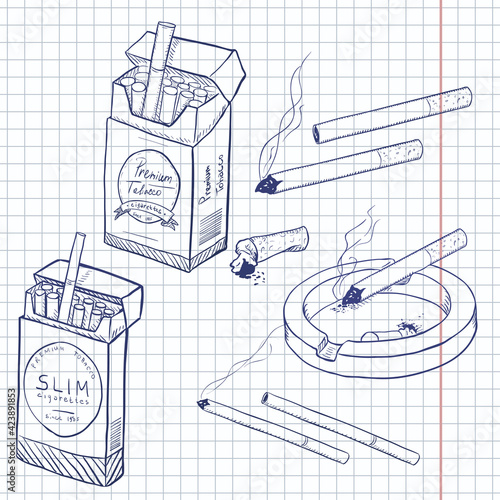 Vector Set of Sketch Cigarettes and Cigarette Boxes