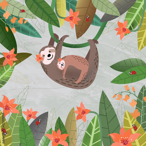 Cute mom and baby sloth in green leaf with orange flower frame.