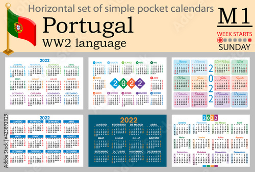 Portuguese horizontal pocket calendar for 2022. Week starts Sunday