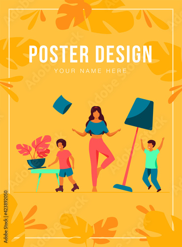 Mother standing calm in the middle of room flat vector illustration. Mischievous and naughty children making chaos. Parenting and behavior concept.