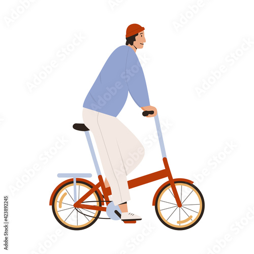 Stylish man riding street folding bicycle vector flat illustration. Trendy looking male ride on urban eco friendly personal transport isolated on white. Young guy cycling, commuting to work, outdoor.