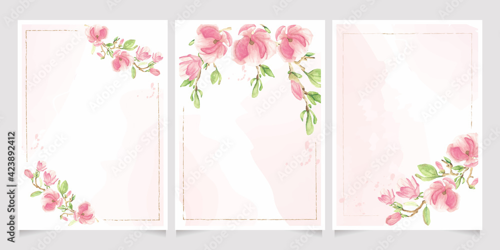 blooming magnolia flower branch on pink watercolor wet wash splash invitation card background template collection