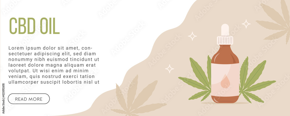 Fototapeta premium CBD Hemp Oil web banner in organic color with marijuana leaf. Natural holistic remedy. Cannabinoid poster with place for text. Alternative medicine for pain, stress, anxiety relief. Vector flat design