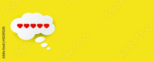 White chat cloud with five red hearts on a yellow background. Customer experience and feedback concept. 3d vector illustration