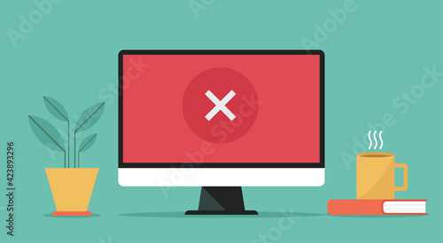 system access denied concept, incorrect or wrong cross x mark on computer screen, vector flat design illustration