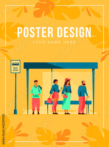Passengers waiting for public transport at bus stop flat vector illustration. Cartoon characters using auto. Transportation and conveyance concept.