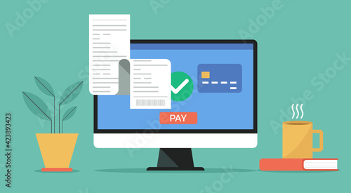 online payment on computer with electronic receipt or financial transaction and credit card concept, vector flat design illustration