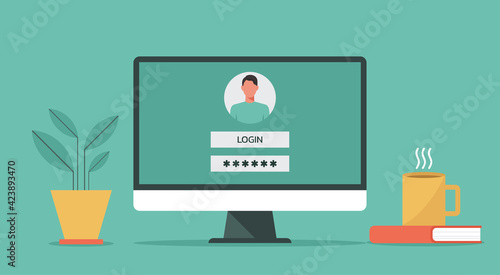 computer account login and password of the user to the system with authorization on the screen, vector flat design illustration