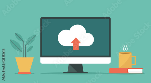 Cloud computing technology on computer concept, vector flat design illustration