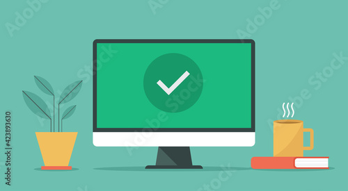 online approve confirmed or check mark on computer screen, vector flat design illustration photo