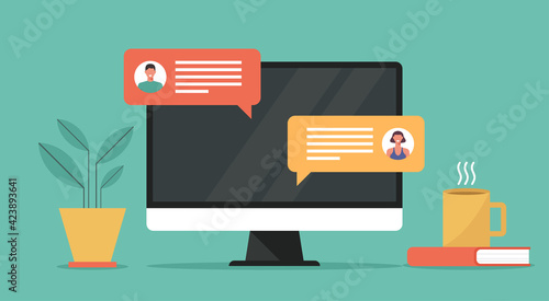 online chatting on computer concept, man and woman connecting together and work from anywhere, vector flat design illustration photo