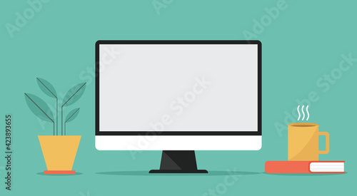 computer with white blank empty display screen for copy space on working space, vector flat design illustration