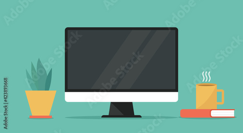 computer with blank empty display screen for copy space on working space, vector flat design illustration