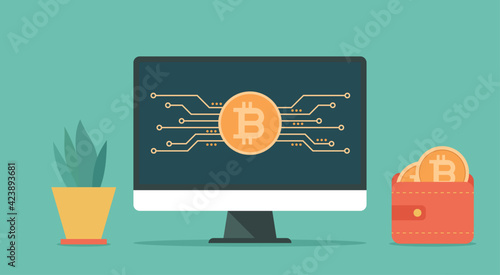 Bitcoin digital cryptocurrency or virtual money on computer concept, vector flat design illustration