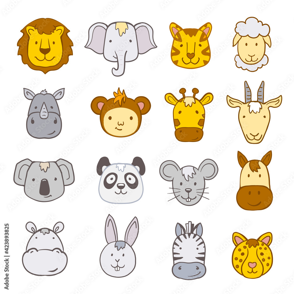 set of cartoon jungle animals faces drawings. vector illustration
