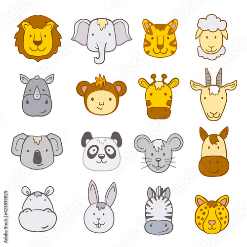 set of cartoon jungle animals faces drawings. vector illustration 