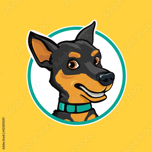 smiling Doberman pincher dog face as symbol or pet logo. vector cartoon illustration