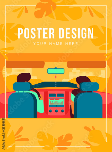Couple riding vehicle. Back view of driver and passenger inside car interior. View from backseat. Vector illustration for driving, transportation, automobile, traffic concept