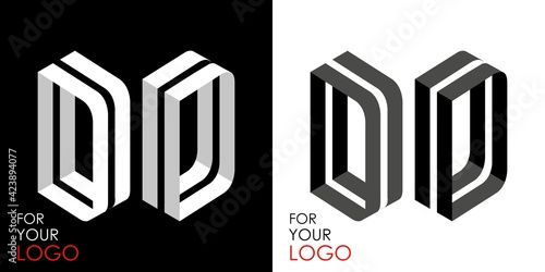 Isometric letter D in two perspectives. From stripes, lines. Template for creating logos, emblems, monograms. Black and white options. 3D art symbol. Vector illustration. Other letters in my portfolio