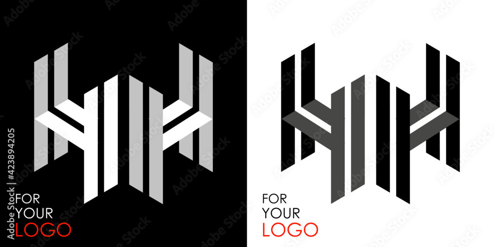 Isometric letter H in two perspectives. From stripes, lines. Template for creating logos, emblems, monograms. Black and white options. 3D art symbol. Vector illustration. Other letters in my portfolio