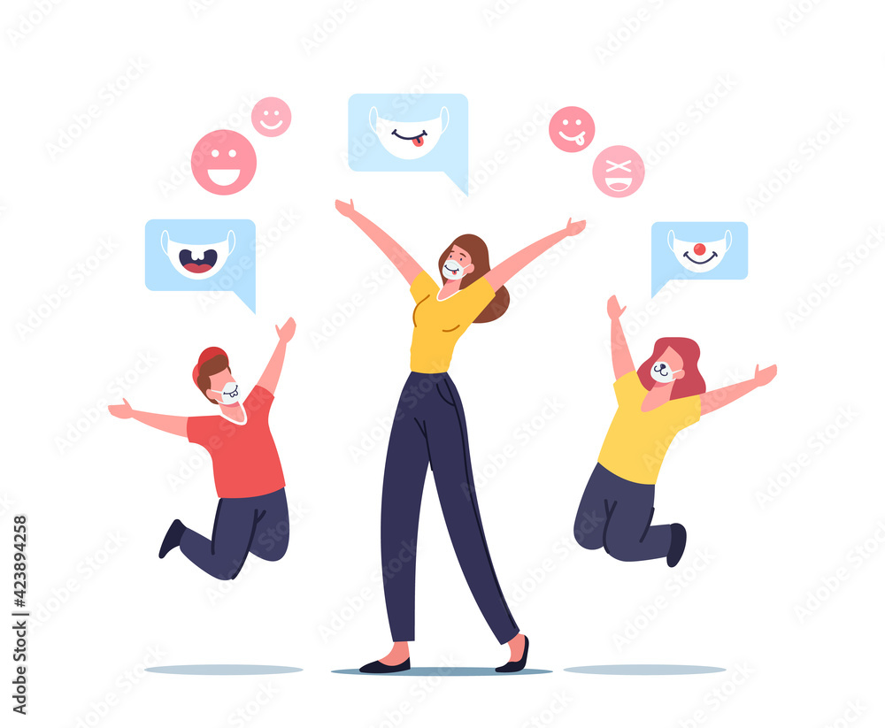 Happy Family Characters Mother with Children Rejoice, People Wearing Funny Kids Masks with Animal Muzzles Happy Family Characters Mother with Children Rejoice, People Wearing Funny Kids Masks with Animal Muzzles