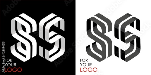 Isometric letter S in two perspectives. From stripes, lines. Template for creating logos, emblems, monograms. Black and white options. 3D art symbol. Vector illustration. Other letters in my portfolio