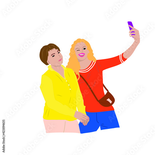 Women holding a mobile phone for chatting online . Mother and daughter with a mobile phone, taking a selfie or taking video in social networks.