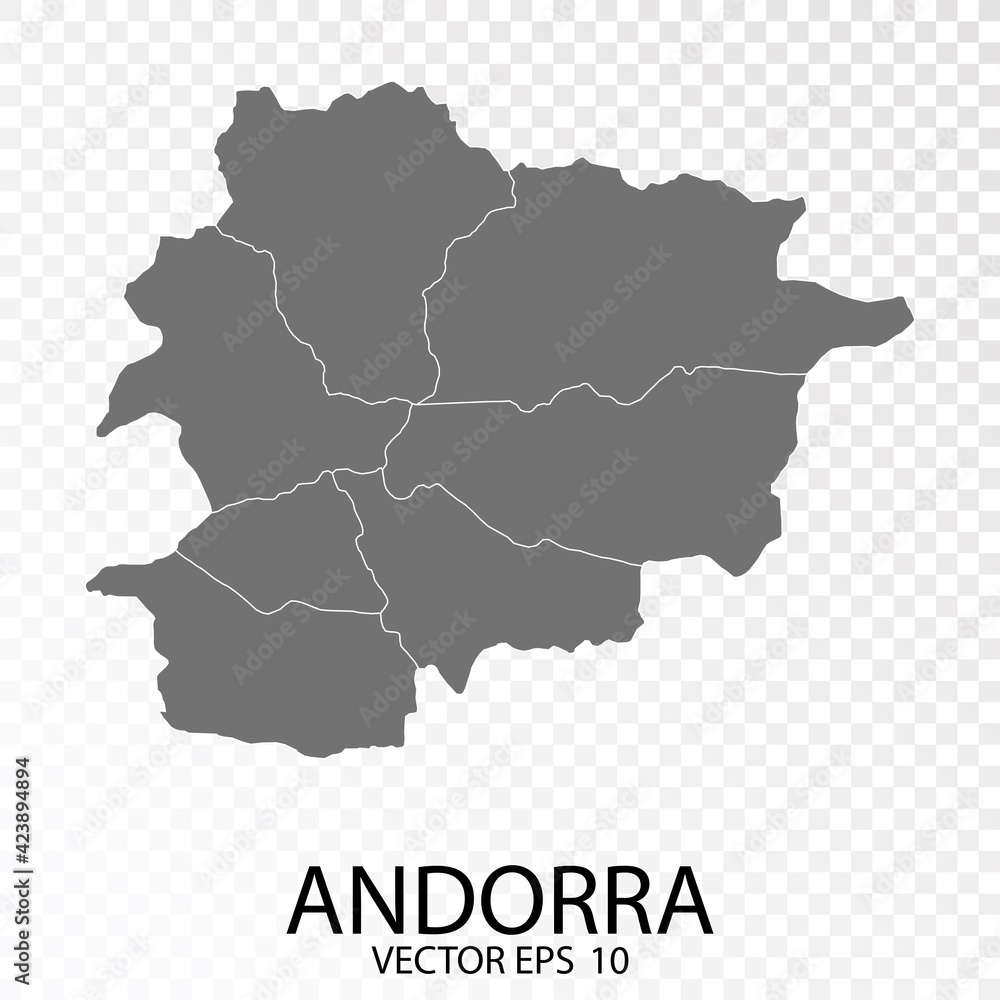 Transparent background. Detailed Grey Map of Andorra. Vector Eps 10.