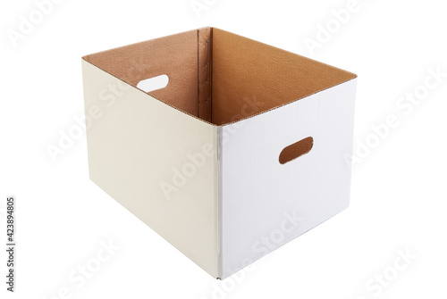 Simple white, open and empty carton box, isolated on white