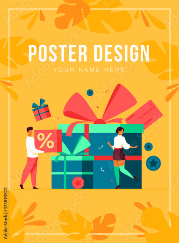 Loyalty program concept. People getting gifts and rewards from store, bonus points, discount. Flat vector illustration for promotion, commerce, sale, marketing topics
