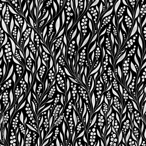 Meadow floral seamless pattern. Pencil drawing abstract white flowers with leaves on black background. Hand drawn artistic pattern. Template for design, wrapping, bedding.