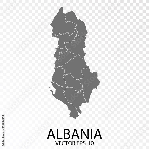 Transparent background. Detailed Grey Map of Albania. Vector Eps 10.