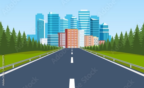 Road way to city buildings on horizon