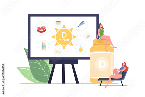 Nutritional Addictive Supplements for Health. Tiny Women at Huge Bottle with Vitamin D and Presentation on Screen