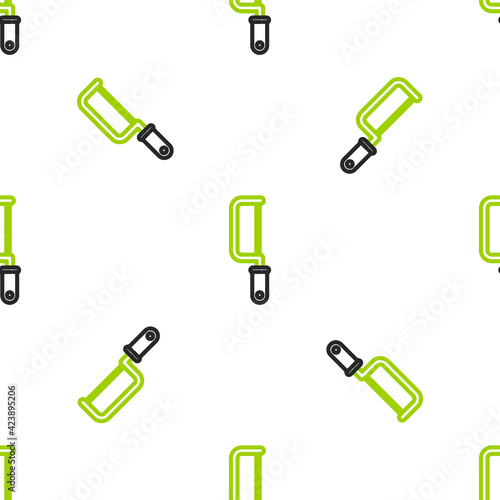 Line Hacksaw icon isolated seamless pattern on white background. Metal saw for wood and metal. Vector Illustration